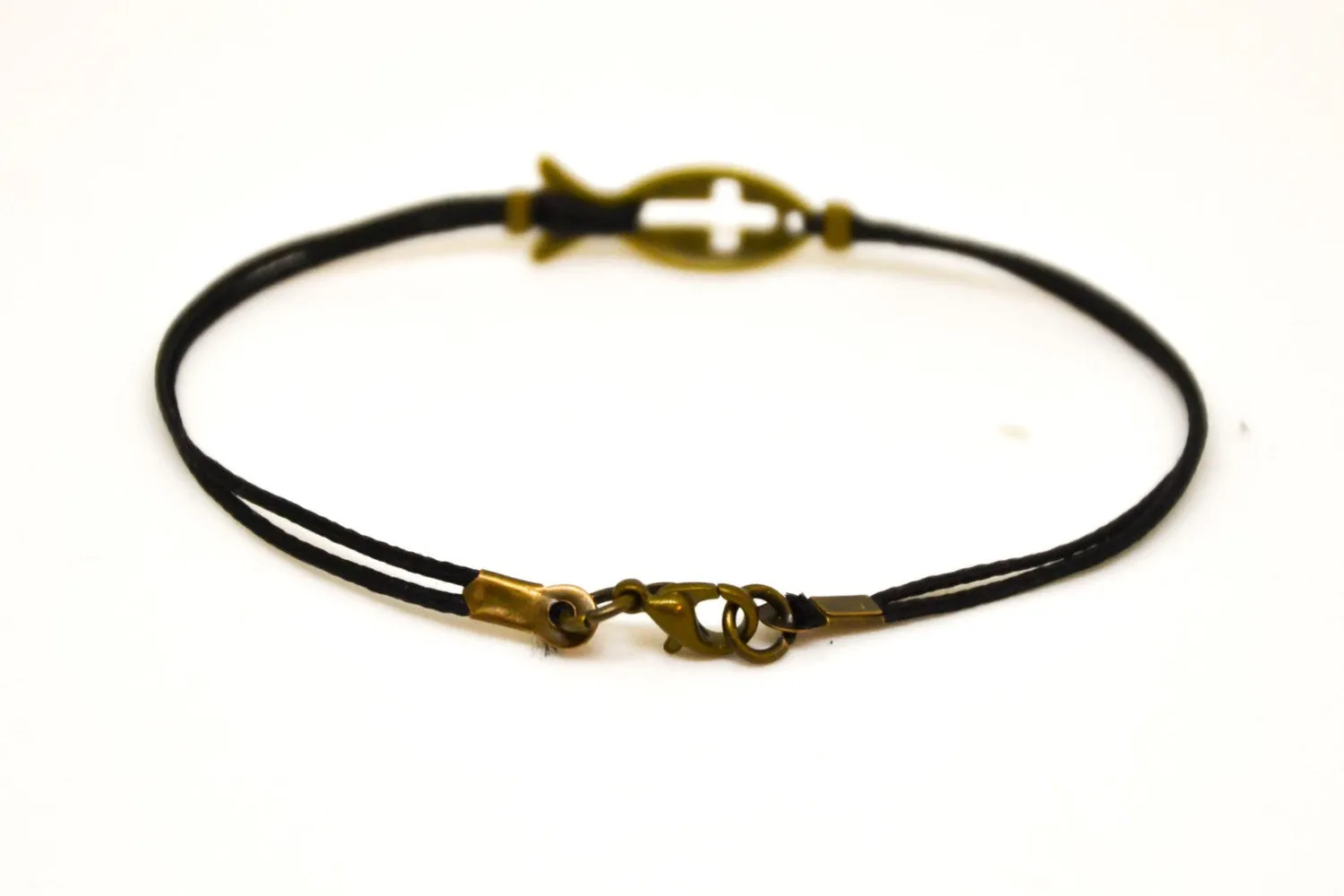 Bronze Cross fish bracelet for men, black cord, christian gift for him