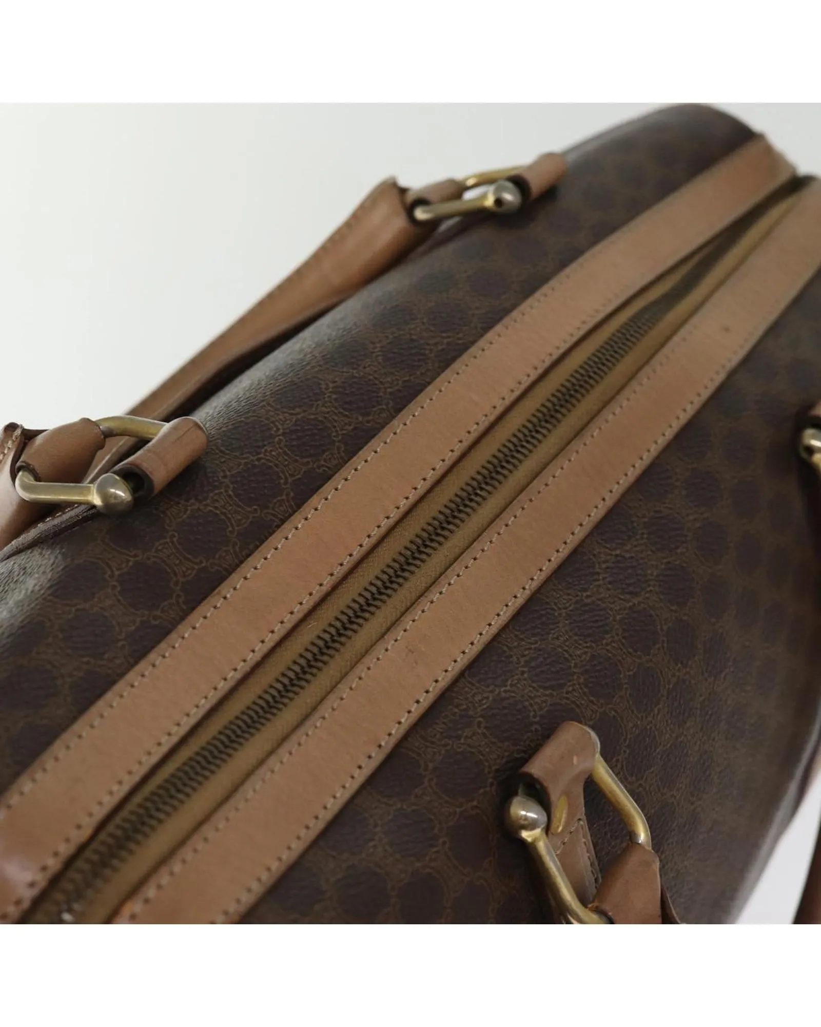 Canvas Boston Bag with Brown PVC Leather Material and Multiple Compartments