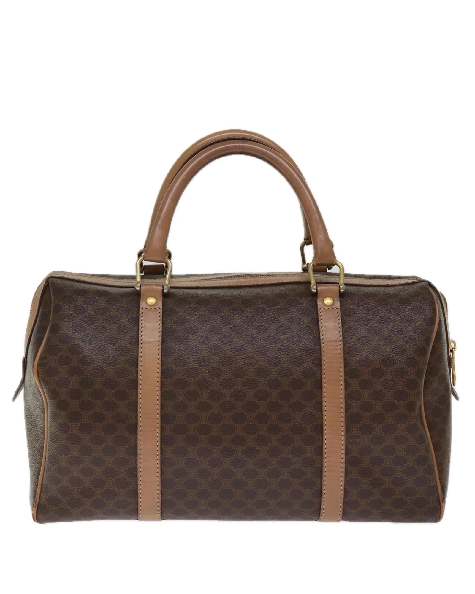 Canvas Boston Bag with Brown PVC Leather Material and Multiple Compartments