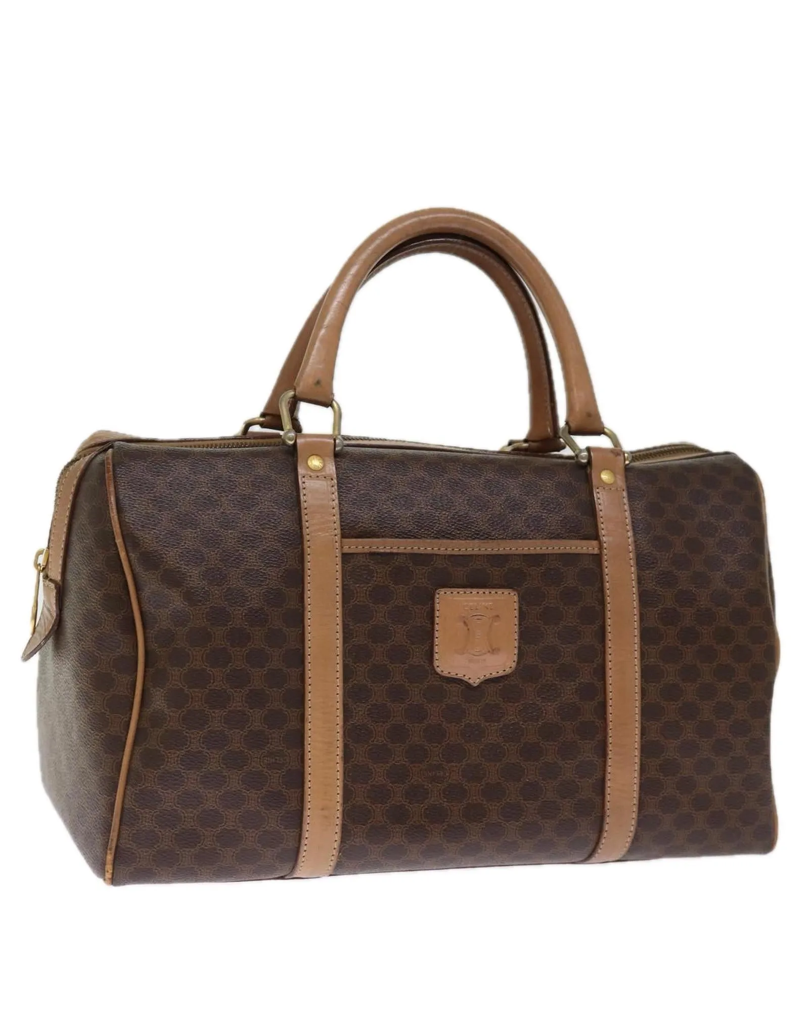 Canvas Boston Bag with Brown PVC Leather Material and Multiple Compartments