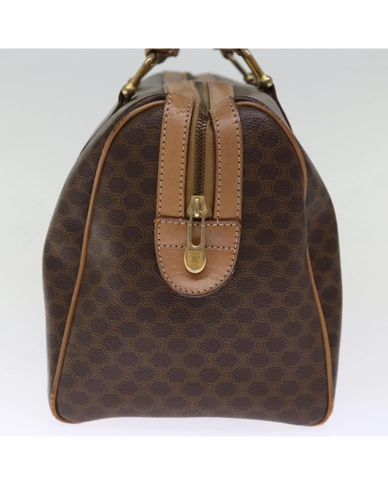 Canvas Boston Bag with Brown PVC Leather Material and Multiple Compartments