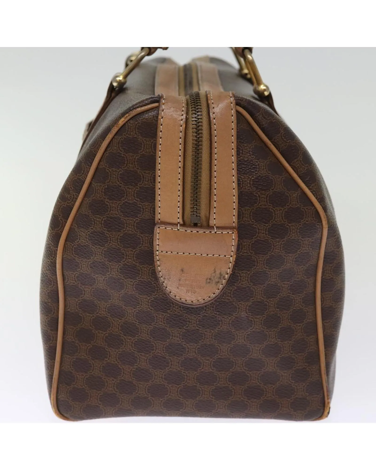Canvas Boston Bag with Brown PVC Leather Material and Multiple Compartments